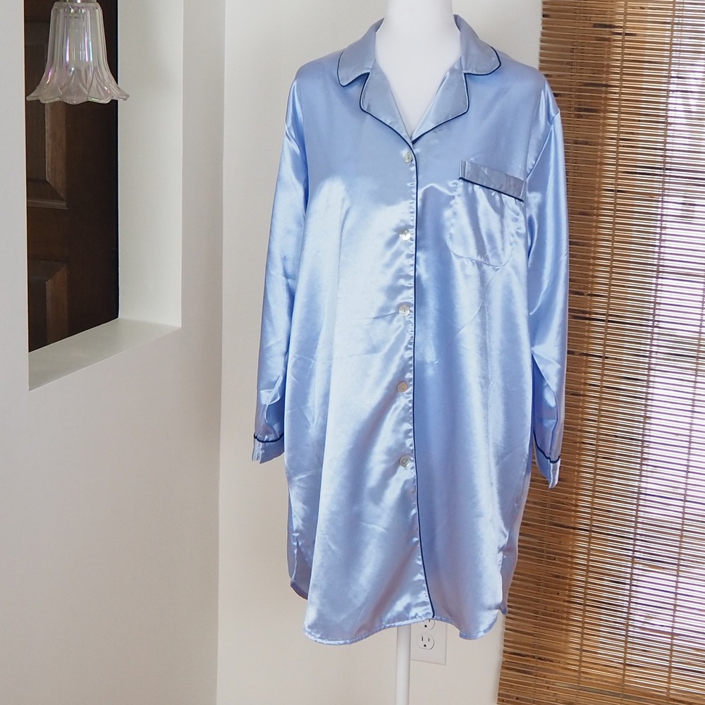 Robert Louis French Blue Silk Blend Long Sleeve Sleep Shirt Sz Medium Boyfriend